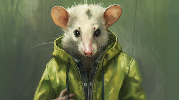 Eine Abbildung eines Opossums mit grüner Jacke