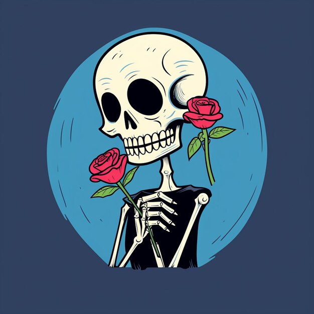 Foto eine abbildung eines skeletts mit einem süßen gesicht, das ein blumiges, modisches t-shirt-design hält