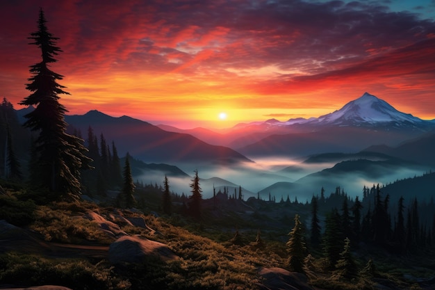 eine Abbildung eines Sonnenuntergangs über einer Bergkette