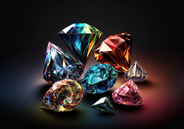 eine Abbildung von Diamanten und farbigen Edelsteinen ai generative
