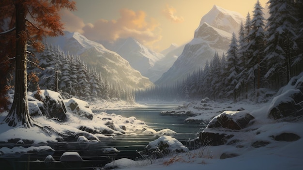 eine Abbildung von schneebedeckten Bergen und einem Fluss