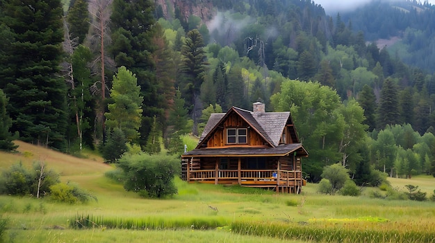 Eine abgelegene Blockhütte, eingebettet in einem üppig grünen Tal, die Hütte ist von hohen Bäumen und einem brummenden Bach umgeben.