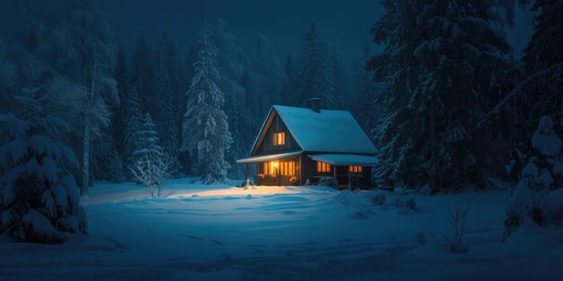 Eine abgelegene Blockhütte im schneebedeckten Wald in der schwärmenden Dämmerung