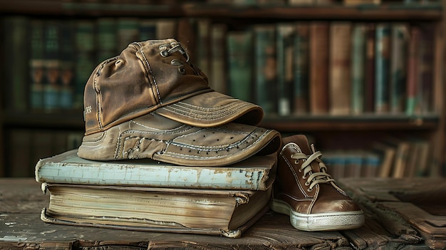 Foto eine abgenutzte braune ledermütze und ein schuh sitzen auf einem stapel alter bücher in einer bibliothek. die mütze ist in einem fröhlichen winkel geneigt und der schuh ist ungeschnürt.