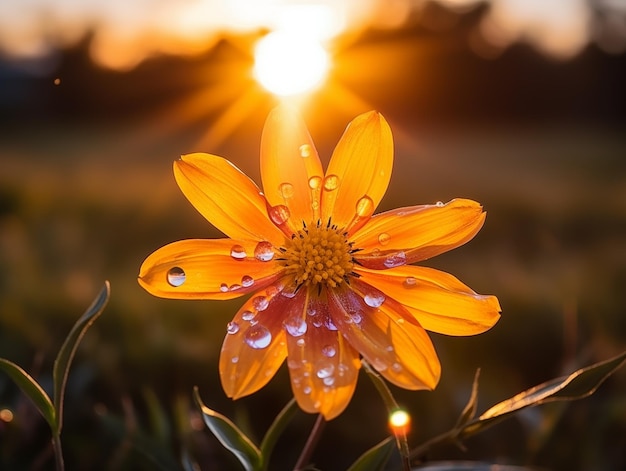 Foto eine abgetrocknete orangenblume, die sich im leuchten eines sommersonnenuntergangs sonnt