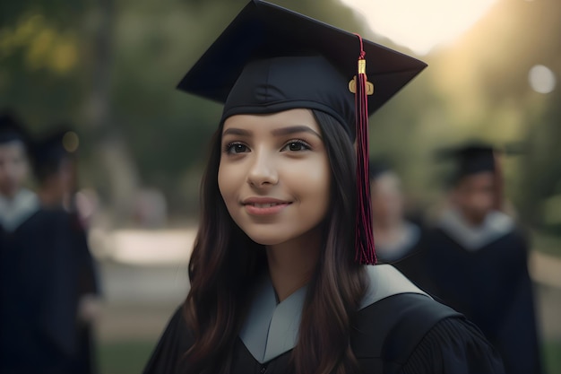 Eine Absolventin in einer Abschlusskappe und einem Kleid lächelt auf dem Hintergrund der generativen KI der Absolventen