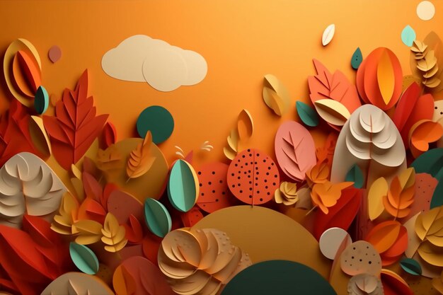 Eine abstrakte, aus Papier ausgeschnittene Collage aus Herbstelementen in den Farben Braun, Orange, Gelb und Gr