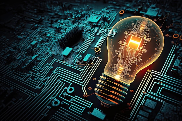Eine abstrakte Darstellung der Geschäftsinnovation mit einer hellen Glühbirne und einem Platinendesign, das Kreativität und technologischen Fortschritt symbolisiert, generiert durch KI