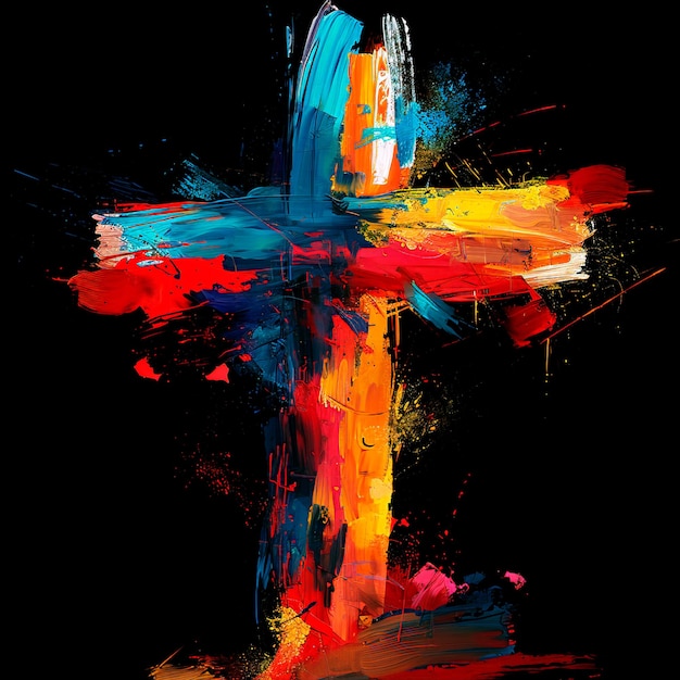 Eine abstrakte Darstellung des christlichen Kreuzes, das Jesus Christus symbolisiert, in lebendiger Farbe dargestellt