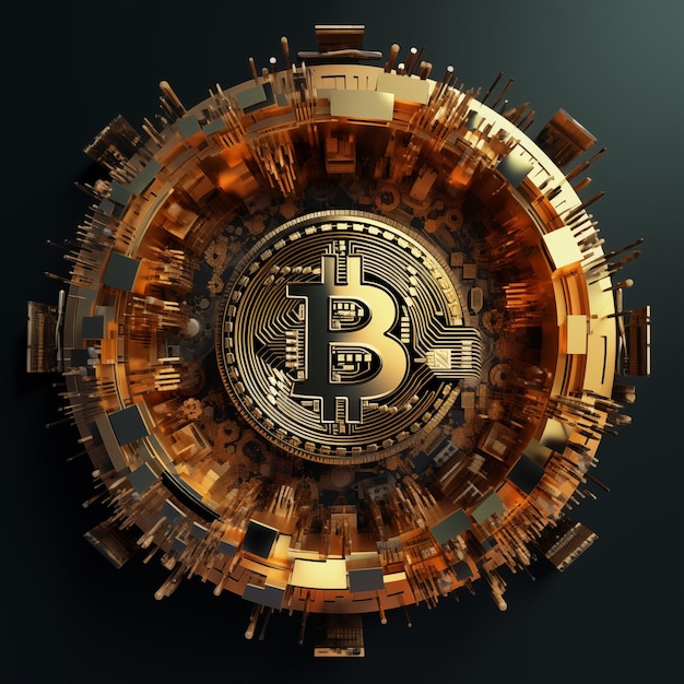 Eine abstrakte Darstellung von Bitcoin mit digitalen Elementen, die das dezentrale und digitale symbolisieren