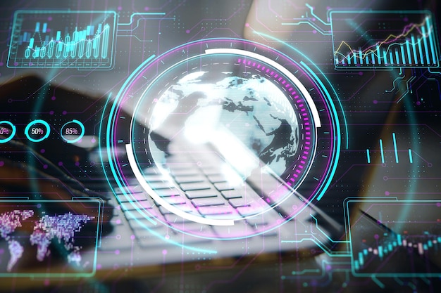 Eine abstrakte digitale Schnittstelle mit einem Globus und verschiedenen Datenvisualisierungen gegen einen verschwommenen technologischen Hintergrund, der das Konzept der globalen Datenanalyse darstellt