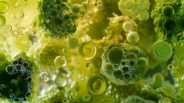 Eine abstrakte Illustration verschiedener Arten von Algen, die zeigen, wie ihr Ölgehalt extrahiert werden kann