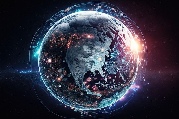 Eine Abstraktion eines globalen weltweiten Telekommunikationsnetzwerks mit Knotenpunkten, die über die ganze Erde verteilt sindGenerative KI