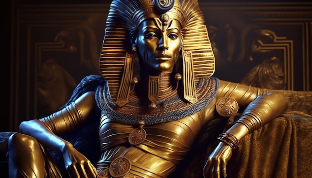 Eine ägyptische Pharao-Göttin-Königin-Statue mit goldener Maske und goldenen Accessoires, die auf dem Thron sitzt