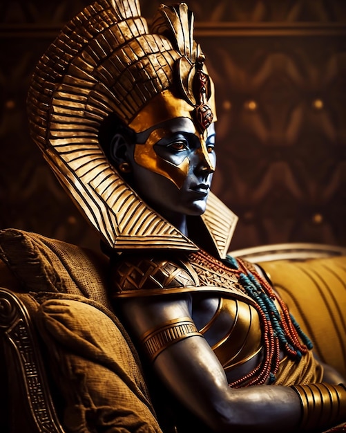 Eine ägyptische Pharao-Göttin-Königin-Statue mit goldener Maske und goldenen Accessoires, die auf dem Thron sitzt