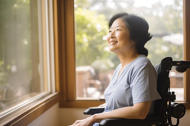 Eine ältere asiatische Rentnerin sitzt zu Hause im Rollstuhl und schaut an einem sonnigen Tag aus dem Fenster