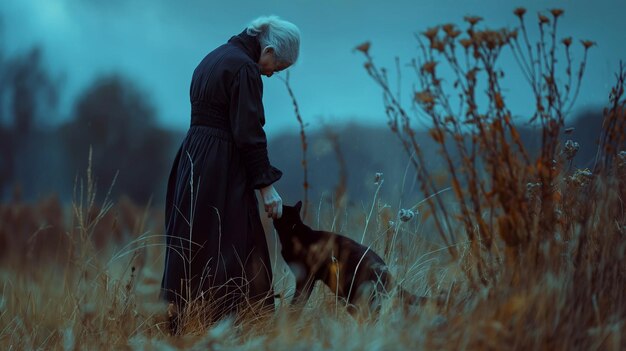 Foto eine ältere dame geht abends mit einer schwarzen katze auf einem feld spazieren