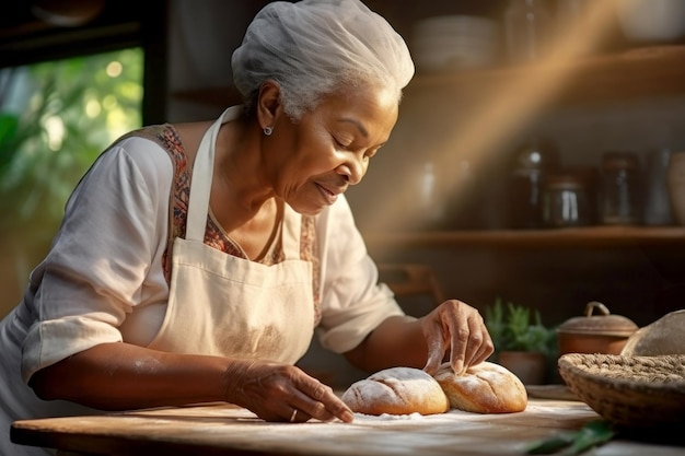 Eine ältere dunkelhäutige Frau bereitet in der Küche Brotteig vor Großmutter knetet Teig zum Backen Hausgemachte Brotproduktion Frische Bäckerei
