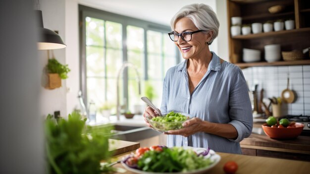 Eine ältere Frau bereitet das Abendessen in der Küche ihres Hauses vor