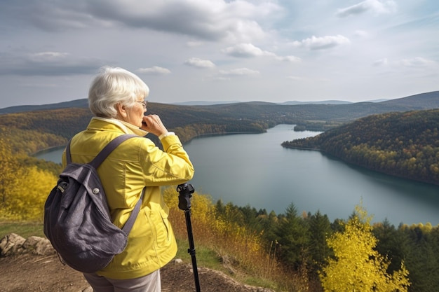 Eine ältere Frau bewundert eine mit generativer KI erstellte landschaftliche Aussicht