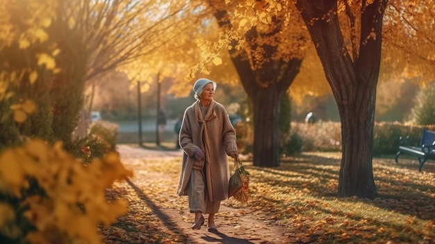 Eine ältere Frau geht mit Herbstblättern auf dem Boden durch einen Park.