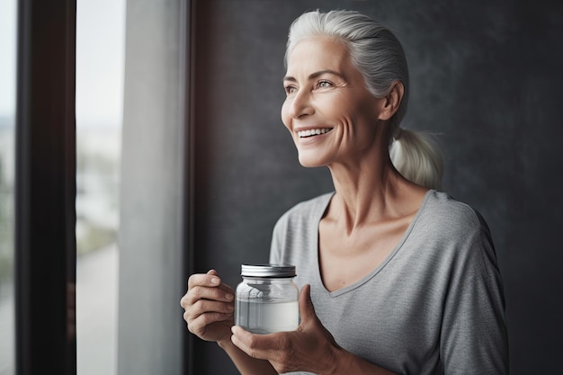 Eine ältere Frau hält ein Glas Joghurt Generative Ai in der Hand