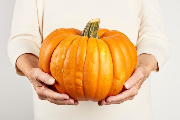 Eine ältere Frau hält einen Kürbis in ihren Händen Thanksgiving-Konzept