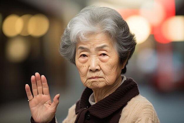 eine ältere Frau hält ihre Hand hoch