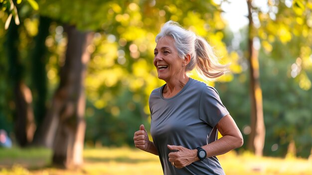 Eine ältere Frau joggt im Park. Seniorenaktivität.