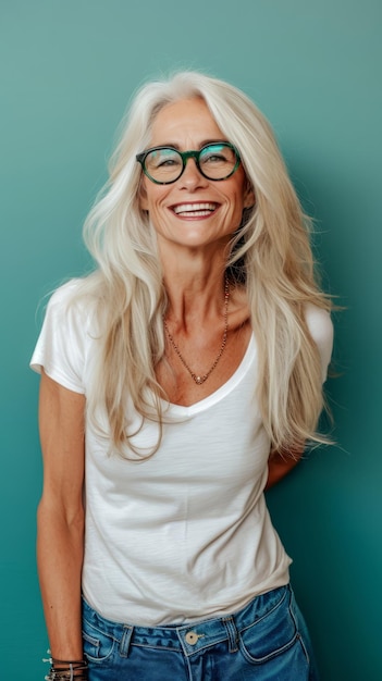 Eine ältere Frau mit Brille und weißem T-Shirt