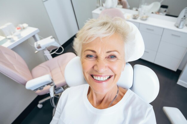 Foto eine ältere frau mit einem glücklichen und überraschten ausdruck in einer zahnarztklinik