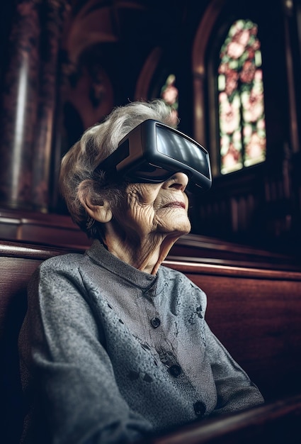 Eine ältere Frau mit einer Virtual-Reality-Brille sitzt in einer Kirche.