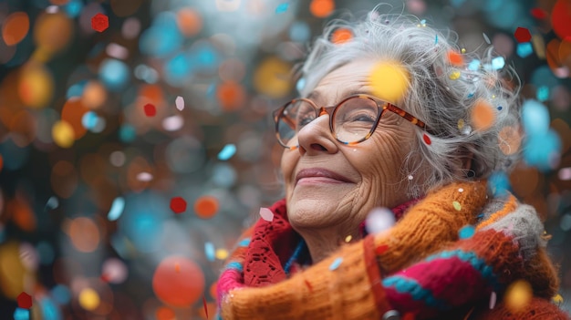 Eine ältere Frau mit geschichtetem Haar lächelt inmitten von fallendem Konfetti bei einem glücklichen Ereignis