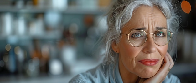Eine ältere Frau mit grauen Haaren erlebt während ihres Arbeitstages unerträgliche Zahnschmerzen