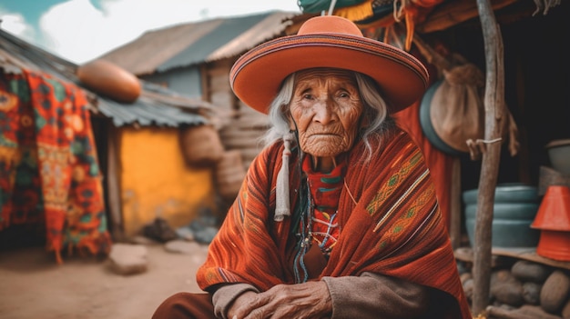 Eine ältere Frau mit Hut und Hut sitzt