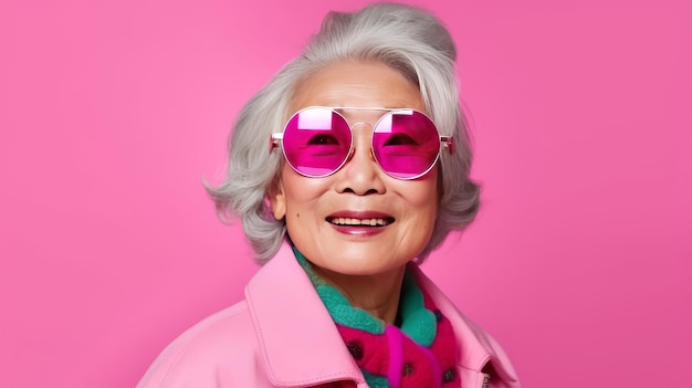 Eine ältere Frau mit rosa Sonnenbrille und rosa Mantel