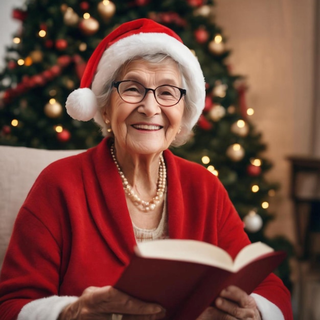 Eine ältere Frau mit Weihnachtsmütze liest ein Buch