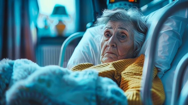 Eine ältere Frau ruht friedlich in einem Krankenhausbett, während sie in einer medizinischen Umgebung medizinische Betreuung und Trost erhält
