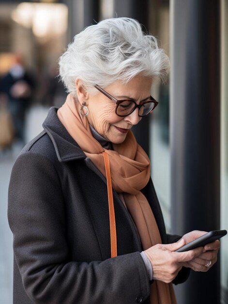 eine ältere Frau schaut auf ihr Handy