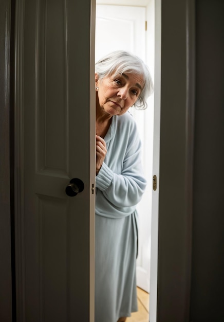 Eine ältere Frau schaut aus der offenen Tür in die Dunkelheit, in die Einsamkeit und wartet auf Verwandte.