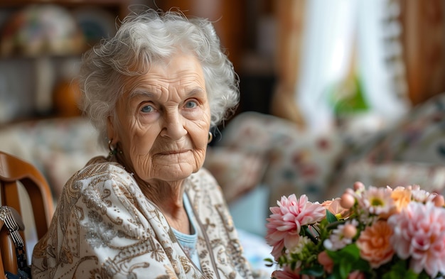 Eine ältere Frau sitzt im Wohnzimmer und hält Blumen mit einem sanften Lächeln.