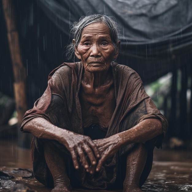 eine ältere Frau sitzt in Berührung mit Regen in der Trockenzeit Klimawandel