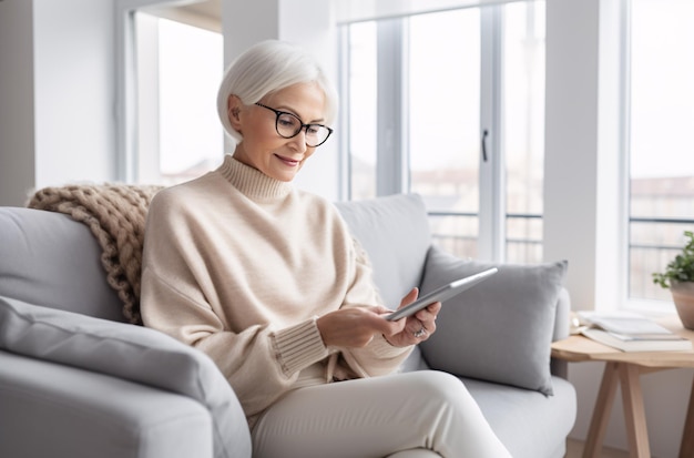 Eine ältere Frau sitzt zu Hause auf ihrer Couch und macht ihre Einkäufe online