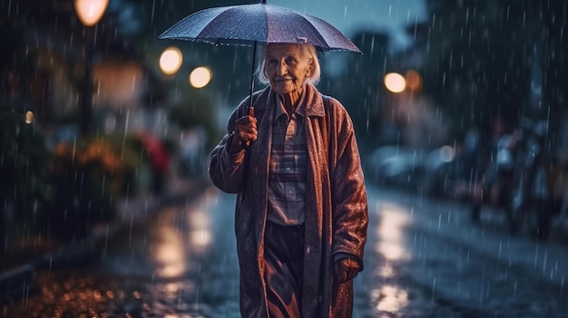 Eine ältere Frau steht im Regen unter einem Regenschirm.