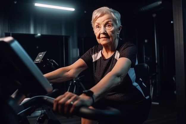 Eine ältere Frau trainiert im Fitnessstudio an einem Simulator. Illustration der generativen KI