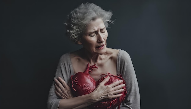 Eine ältere Frau umarmt ihr Herz im Kampf gegen eine schwere Krankheit