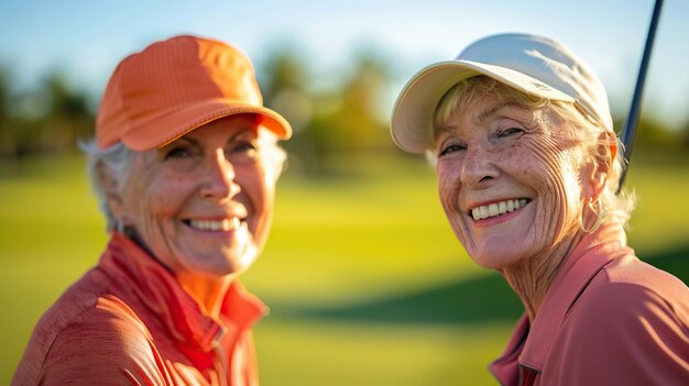 Foto eine ältere golfspielerin lächelt, nachdem sie einen putt auf dem golfplatz gesunken hat