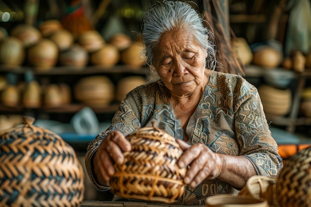 Eine ältere Handwerkerin konzentriert sich auf die Handarbeit an einem traditionellen Wickelkorb in einer rustikalen Werkstatt