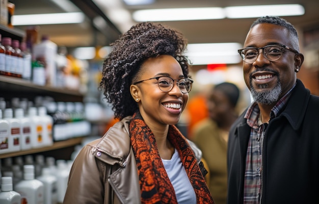 Eine ältere Kundin wird in einer Apotheke von einer afroamerikanischen Apothekerin bedient