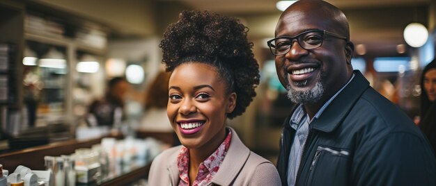 Eine ältere Kundin wird in einer Apotheke von einer afroamerikanischen Apothekerin bedient